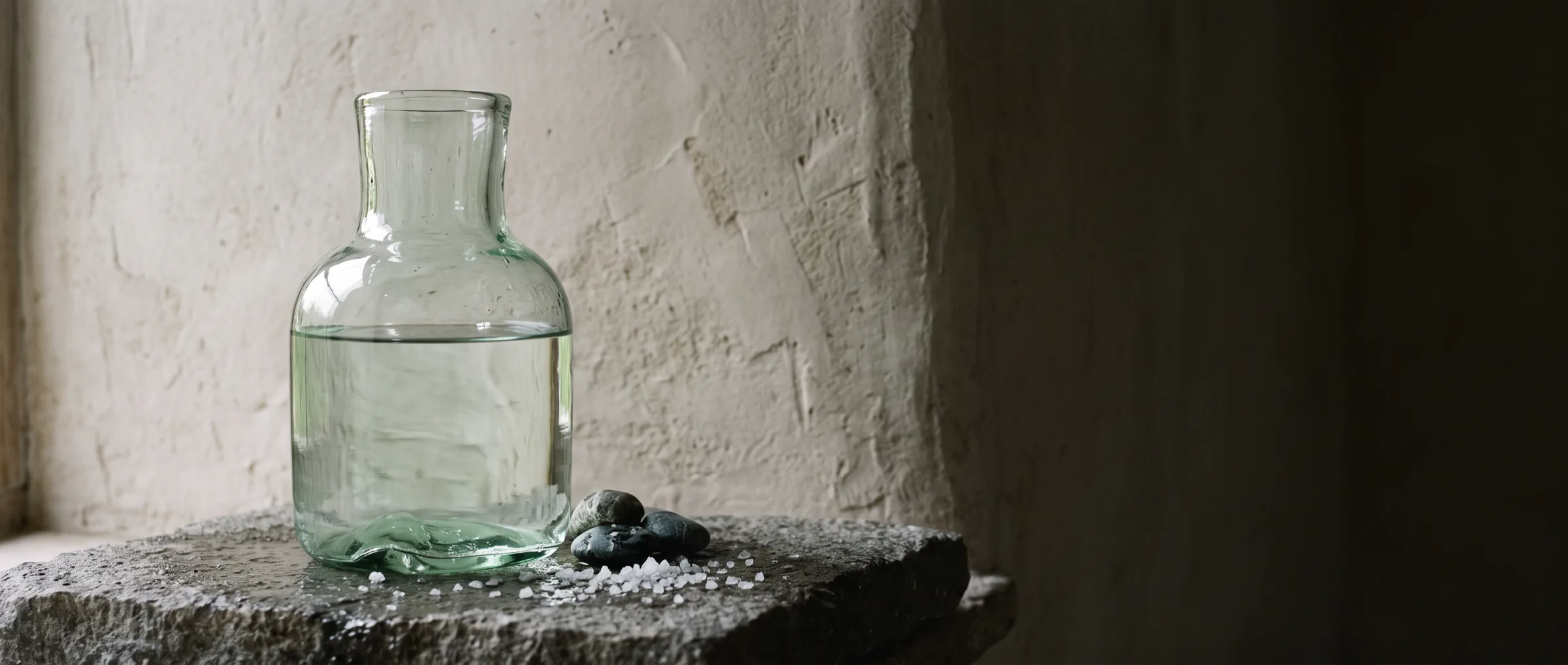A hand-blown glass carafe of still water on wet limestone